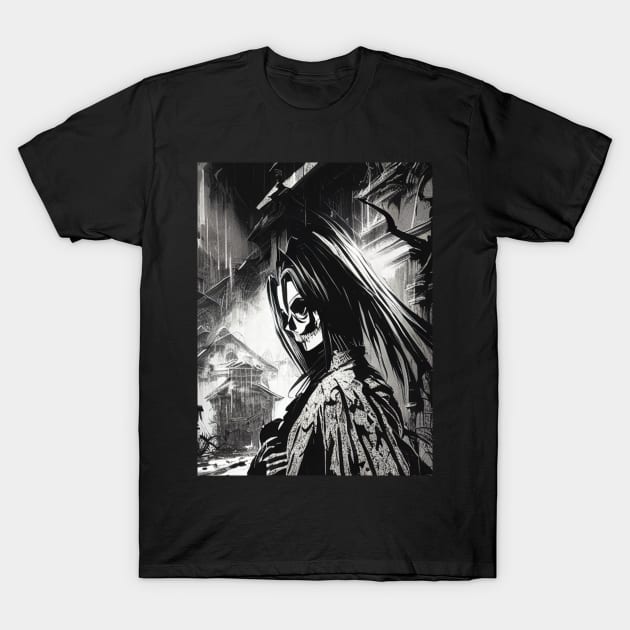 Macabre Monochrome: Hauntingly Beautiful Gothic and Witch-Inspired Art T-Shirt by ShyPixels Arts